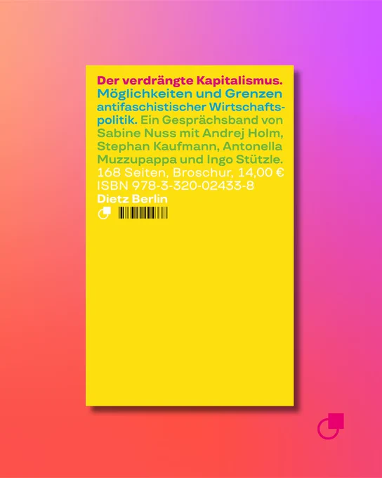 Grafik mit einem rot-violetten Farbverlauf im Hintergrund. In der Mitte ist ein gelbes Buchcover abgebildet. Darauf steht oben in pinker und blauer Schrift der Titel: „Der verdrängte Kapitalismus. Möglichkeiten und Grenzen antifaschistischer Wirtschaftspolitik. Ein Gesprächsband von Sabine Nuss mit Andrej Holm, Stephan Kaufmann, Antonella Muzzupappa und Ingo Stützle.“ Darunter stehen in Weiß: „168 Seiten, Broschur, 14,00 €“, die ISBN, der Verlagsname „Dietz Berlin“ samt weißem Logo und ein kleiner Barcode. Ganz unten rechts im Hintergrund ist ein weiteres pinkes Karl Dietz-Logo platziert.
