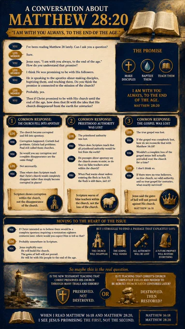 TeachingBridge infographic titled “A Conversation About Matthew 28:20.” A parchment-style design with navy and gold accents explores whether Christ’s promise to be with His church “to the end of the age” is compatible with the idea of a complete apostasy. An open Bible anchors the top section beside Matthew 28:20 and the themes of making disciples, baptizing, and teaching. Three panels examine common responses: the church fell into apostasy, priesthood authority was lost, and the gospel was lost. Each section asks whether Scripture teaches corruption within the church or the complete disappearance of the church. A central banner highlights Christ’s promises to build His church, preserve it against the gates of hell, and remain with His people. The infographic concludes by contrasting two views: Christ preserving His church through trials versus the church failing and requiring restoration centuries later, encouraging readers to compare both ideas with Matthew 16:18 and Matthew 28:20.