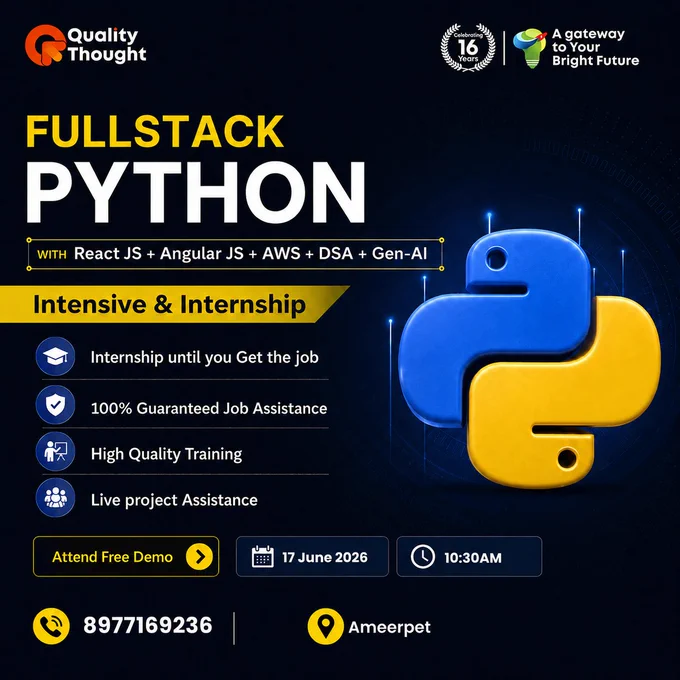 Quality Thought free Full Stack Python demo featuring IT career training with Python, React JS, Angular, AWS, DSA, and Gen AI technologies.