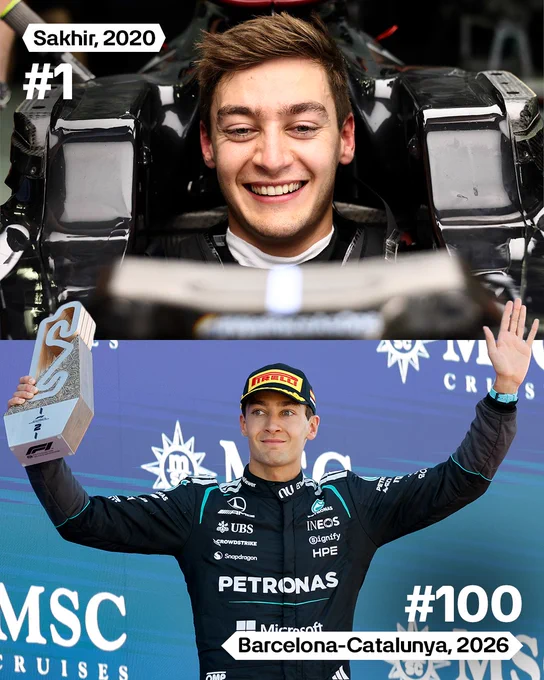 A splitscreen graphic depicting the journey George Russell has taken from his first race with the Mercedes-AMG PETRONAS F1 team, to reaching the milestone of 100 races. The top image is George Russell sitting in his car, smiling down the camera, at the Sakhir Grand Prix in 2020. There is text in the top left corner that says '#1, Sakhir 2020'. The bottom image is George standing on the podium at the 2026 Barcelona-Catalunya Grand Prix, holding the trophy for second place. Text in the bottom right reads '#100, Barcelona-Catalunya, 2026'.