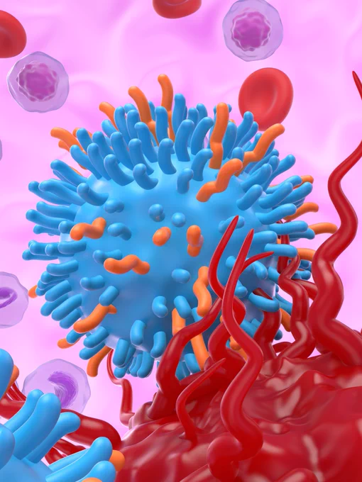 A colorful, artistic rendering of various immune cells, including blue and orange virus-like particles and red, spiky cells, against a pink background, illustrating a microscopic biological interaction.
