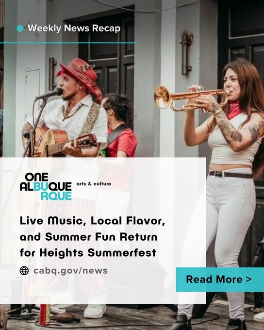 A lively street band performs outdoors on a small stage in front of storefronts, featuring a singer with an acoustic guitar, a percussionist, a trumpet player, and a saxophonist, with musicians dressed in coordinated red and white outfits as they play for a gathered crowd.
