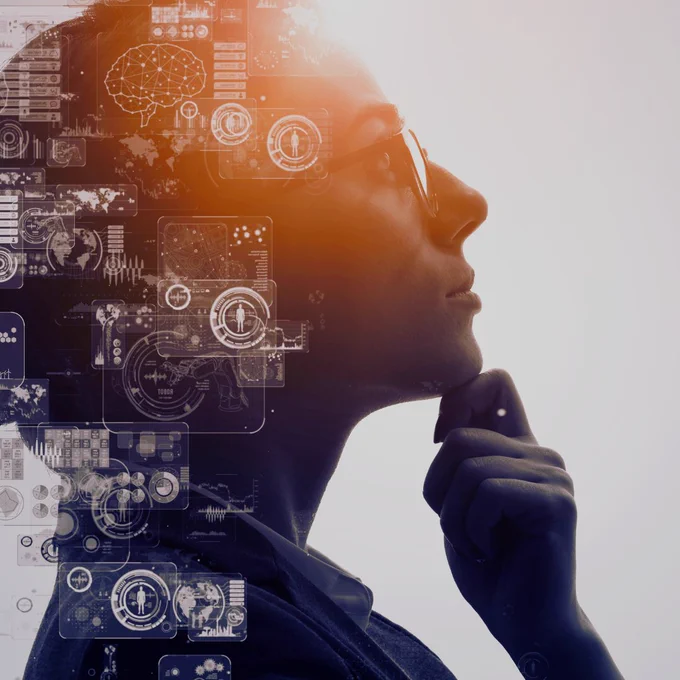 Silhouette of a person in deep thought with digital brain and technology interface graphics overlaying the head area.