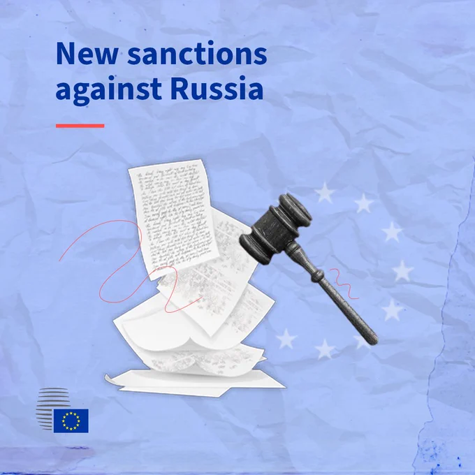 A gavel and some papers with illegible text. The text on the visual reads 'New sanctions against Russia'.