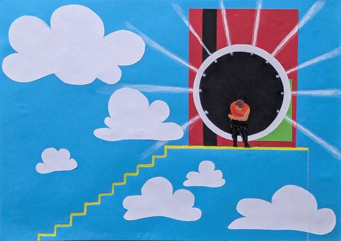 2d paper craft art resembling the ending of the truman show. blue background with white cloud cutouts, drawn yellow stairs leading up to a red and green paper cutout of the pocket on phil's cloud fleece. on the pocket, is the circle from the set of We're All Doomed - black with white lights around it. dan, wearing the black jumper and orange tank top, is standing in front of it, bowing to the audience. 