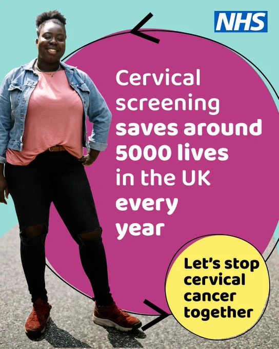 NHS poster highlighting that cervical screening saves around 5000 lives annually in the UK with a call to stop cervical cancer together.