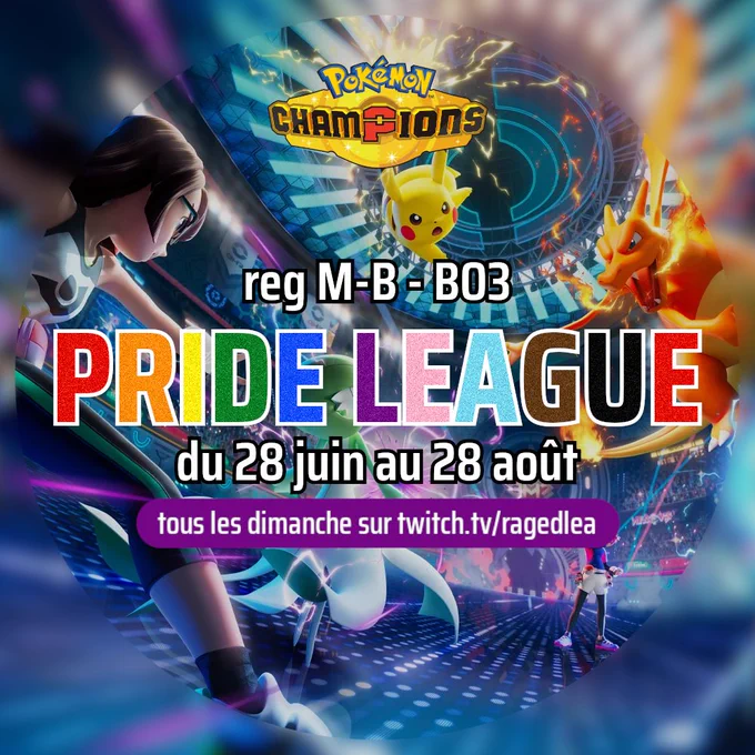 Visuel de Pokémon champions annoncant la pride league, du 28 juin au 28 août