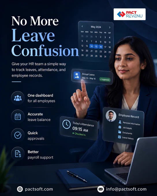 A professional HR executive using a digital Payroll Management Software dashboard on a laptop in a modern office environment. The screen displays employee attendance tracking, leave management, annual leave approval, payroll support features, and employee records management. The banner highlights key HR functions including one dashboard for all employees, accurate leave balance tracking, quick leave approvals, attendance monitoring, and better payroll processing. The design uses a dark blue corporate theme with interactive UI elements, showcasing a comprehensive HR and payroll solution for businesses. Company branding, website (pactsoft.com), and contact email (info@pactsoft.com) are displayed, emphasizing streamlined workforce management, payroll automation, employee data management, and HR software efficiency.