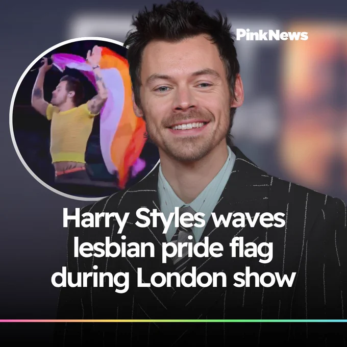 Harry Styles, with a smaller image inset showing Harry Styles holding a lesbian pride flag. The text reads, "Harry Styles waves lesbian pride flag during London show." The logo "PinkNews" is visible.