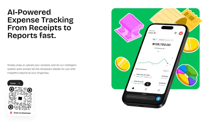 An image showing the Hero Section of the Expense AI website, the image has the title "AI - Powered Expense Tracking from receipts to reports fast."
