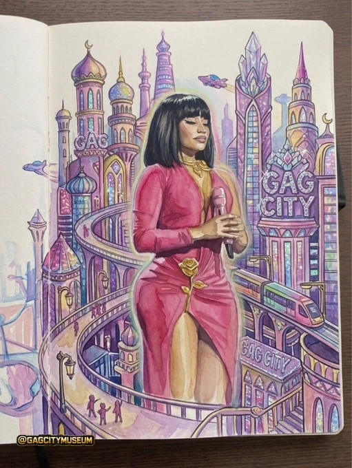 Illustrated storybook style artwork showing Nicki Minaj standing as a towering figure in the center of a futuristic pink and purple Gag City. She wears a deep pink gown with a high slit, gold jewelry, and a sleek black bob while holding a microphone with her eyes closed in a peaceful, reflective pose. Surrounding her are glittering fantasy skyscrapers, crystal towers, onion domed buildings, elevated walkways, flying vehicles, and a pastel monorail weaving through the city. Multiple structures display the words “GAG” and “GAG CITY” in sparkling lettering. The scene is rendered in soft watercolor tones of pink, lavender, blue, and gold, resembling a page from an illustrated fantasy journal. A gold and black “@GAGCITYMUSEUM” watermark appears in the lower left corner.