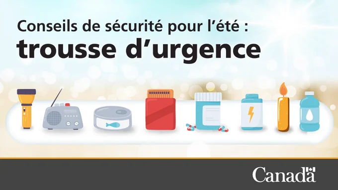 Icônes d’éléments que l’on trouve dans une trousse d’urgence, comme une lampe de poche, une radio, une pile, une chandelle, une bouteille d’eau, un flacon à médicament, une conserve et des allumettes. Texte : Conseils de sécurité pour l’été : trousse d’urgence.