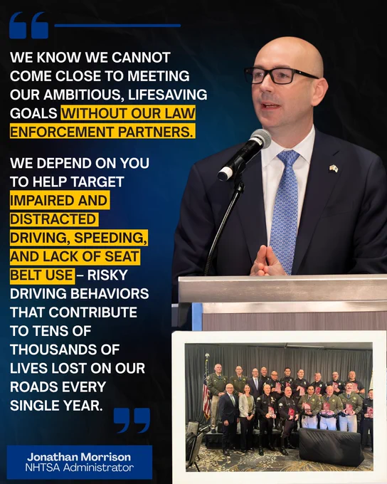 Jonathan Morrison at a podium with graphic text about law enforcement partners and road safety and a group photo of law enforcement.