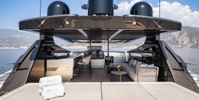 View toward the bow of the Pershing 140 super yacht sundeck