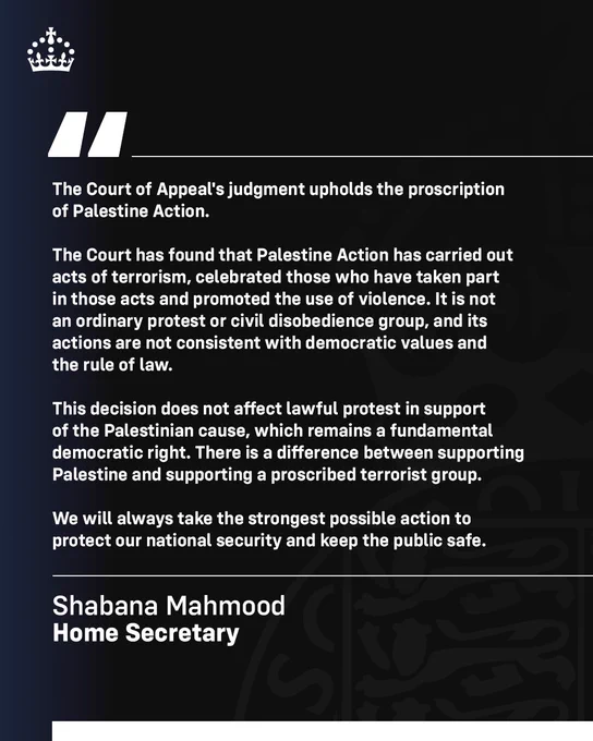 A graphic with the Home Secretary's statement on the Court of Appeal's judgement on the proscription of Palestine Action. 