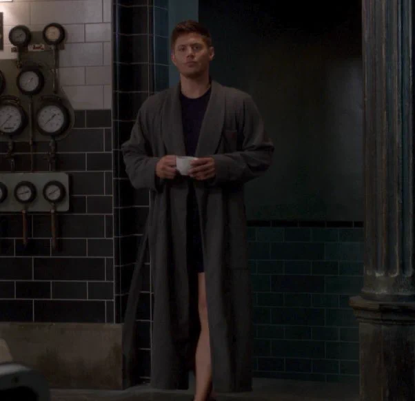 dean winchester (jensen ackles) in a robe showing a slutty lil bit of leg and holding a coffee mug (supernatural)