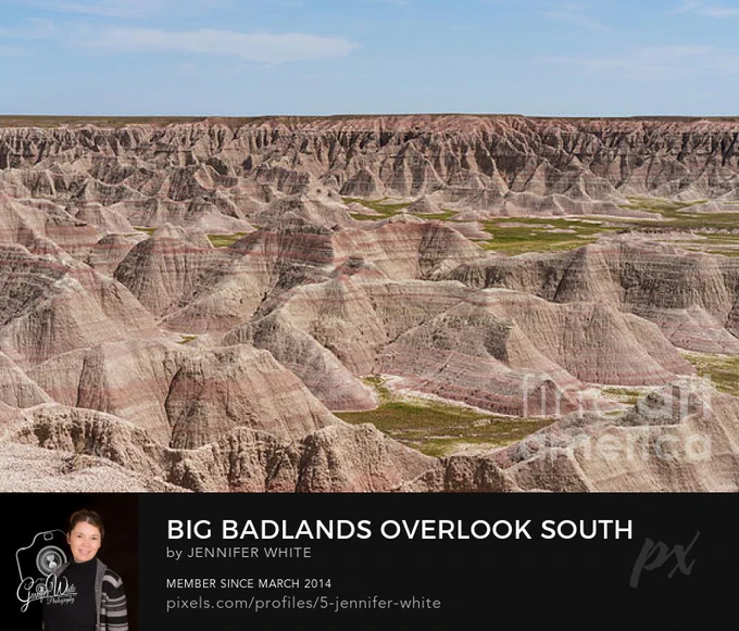 A breathtaking view from the Big Badlands Overlook in Badlands National Park near Interior, South Dakota, features the dramatic beauty of one of the most iconic landscapes in the American Midwest
@FineArtAmerica 
https://5-jennifer-white.pixels.com/featured/big-badlands-overlook-south-dakota-jennifer-white.html
#buyintoart #photography #souvenirs