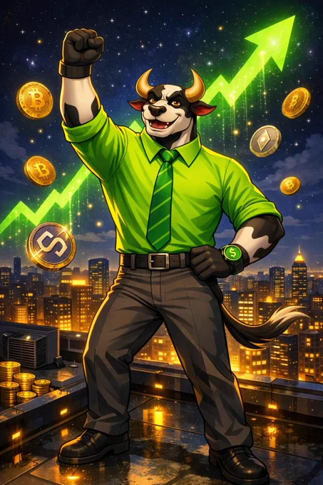 A powerful cartoon illustration of Moooscle, a muscular anthropomorphic bull, standing on a rooftop at night overlooking a glowing city skyline. He wears a bright green shirt and tie, raising his fist triumphantly as golden crypto coins float around him. Behind him, a luminous green arrow rises sharply into the sky, symbolizing market growth and bullish momentum. The scene radiates confidence, ambition, and belief in the future of the coin.