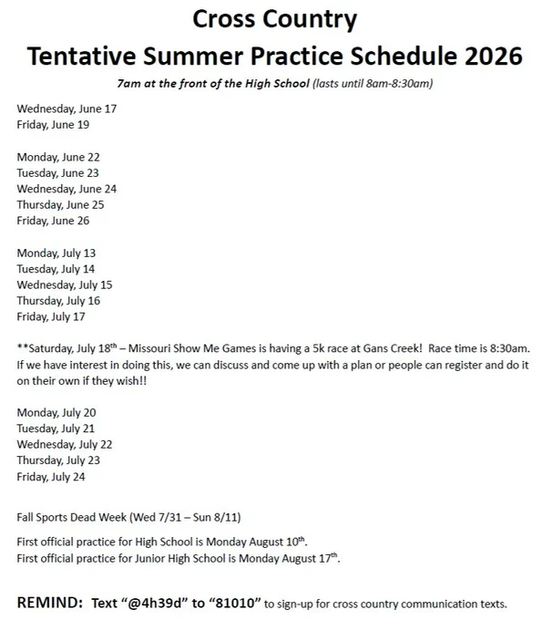 Image of the 2026 Summer Practice Schedule for Highland Cross Country (document linked in the post also).