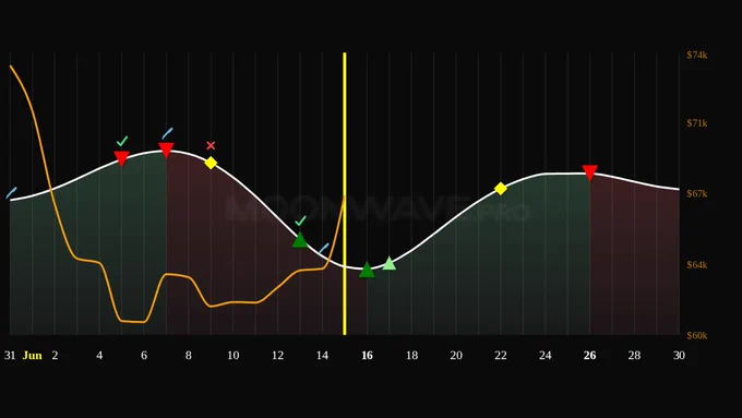 Moonwave 4-week Predicted Market Sentiment chat for June 15, 2026. The chart represents predicted bullish/bearish bias and likely buy/sell/derisk points, with the price of BTC represented by an orange line.