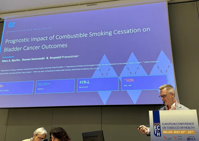The image shows Dr. Marc Bjurlin standing at a podium, presenting slides at the "European Conference on Tobacco or Health" in Milan. The slide title is "Prognostic Impact of Combustible Smoking Cessation on Bladder Cancer Outcomes" with additional information about survival rates, health statistics, and recurrence risk related to smoking cessation. Two audience members are seated to the side.