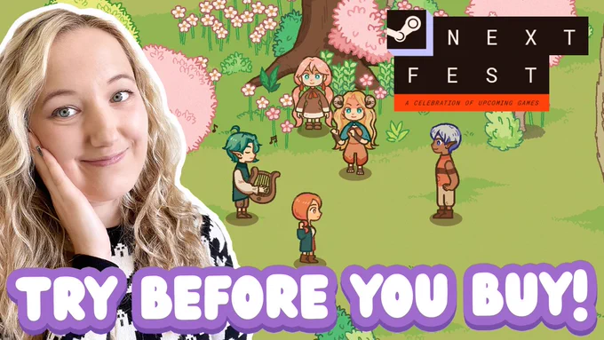 YouTube Thumbnail that reads "Try before you buy" in purple bubble text. The background is a screenshot of the game Little Herbal Baker showing a group of villagers gathered around a giant cherry tree. One villager with short green hair and pointed ears is playing a lyre, while another has pink hair in long pigtails. A third is dancing along to the music and has long waist-length blonde hair and curled brown horns poking out above her ears. There's another character with white hair and pointed ears and a final character with a long ginger plait. In the foreground is a photo of a woman with curly blonde hair smiling at the camera with one hand on her cheek and in the top right of the image is the Next Fest logo. 