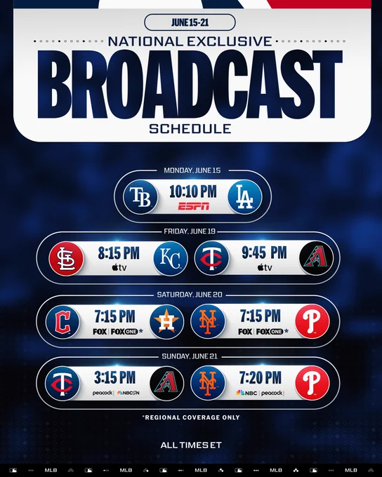 National Exclusive Broadcast Schedule
June 15-21
All Times ET

Monday, June 15
Rays vs. Dodgers, 10:10 PM (ESPN)

Friday, June 19
Cardinals vs. Royals, 8:15 PM (Apple TV)
Twins vs. D-backs, 9:45 PM (Apple TV)

Saturday, June 20
Guardians vs. Astros, 7:15 PM (FOX/FOX One*)
Mets vs. Phillies, 7:15 PM (FOX/FOX One*) 

Sunday, June 21
Twins vs. D-backs, 3:15 PM (Peacock/NBCSN)
Mets vs. Phillies, 7:20 PM (NBC/Peacock)

*- Regional coverage only