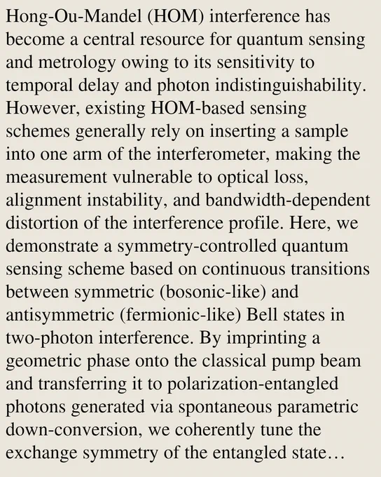 Hong-Ou-Mandel (HOM) interference has become a central resource for quantum sensing and metrology owing to its sensitivity to temporal delay and photon indistinguishability. However, existing HOM-based sensing schemes generally rely on inserting a sample into one arm of the interferometer, making the measurement vulnerable to optical loss, alignment instability, and bandwidth-dependent distortion of the interference profile. Here, we demonstrate a symmetry-controlled quantum sensing scheme based on continuous transitions between symmetric (bosonic-like) and antisymmetric (fermionic-like) Bell states in two-photon interference. By imprinting a geometric phase onto the classical pump beam and transferring it to polarization-entangled photons generated via spontaneous parametric down-conversion, we coherently tune the exchange symmetry of the entangled state without altering the temporal or spectral indistinguishability of the photons. The HOM response evolves continuously from bunching t