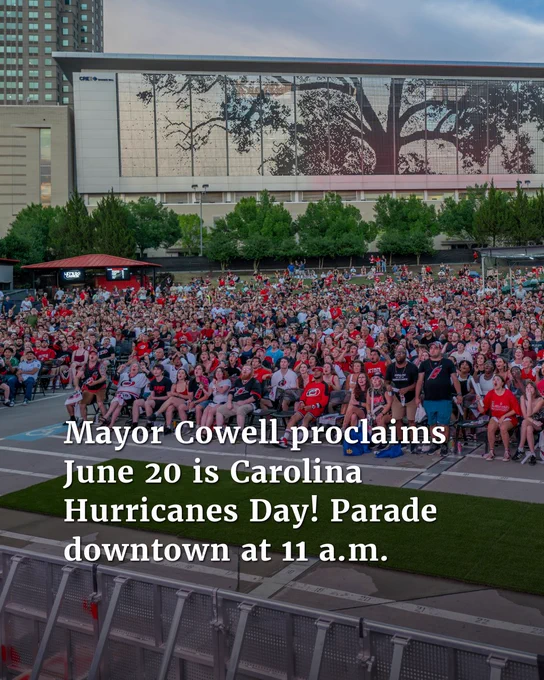 A large watch party of Canes fans. Text reads "Mayor Cowell proclaims June 20 is Carolina Hurricanes Day! Parade downtown at 11 a.m." 