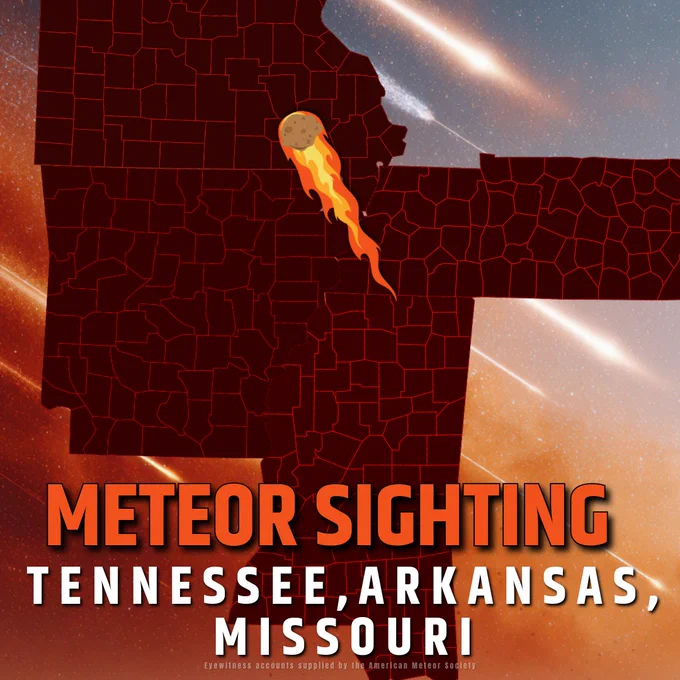 This graphic reads, Meteor Sighting Tennessee, Arkansa, Missouri, at the bottom. It features an outline of the states with an illustrated meteor traveling northwest in the center from Alabama to Missouri. Credit: NASA/Alyssa Lee