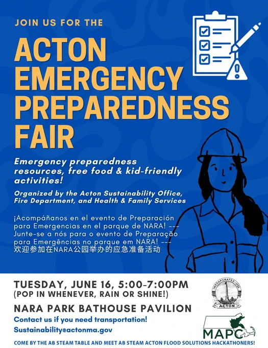 Town of Acton Emergency Preparedness Fair Tues 6/16 at NARA Park in Acton! Stop by the AB STEAM table and learn about Acton Water, the Hackathon and more! 