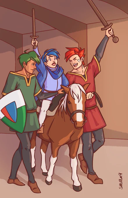 Abel and Cain Fire Emblem leading Marth around a stable on a horse. Marth is around 6 years old and Abel/Cain are around 11-12.