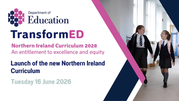 Illustrated graphic with added text "Launch of the new Northern Ireland Curriculum Tuesday 16 June 2026"