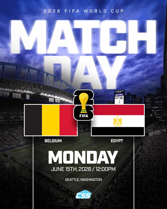 2026 FIFA World Cup poster for a match between Belgium and Egypt. Flags displayed with a FIFA trophy icon. Scheduled for June 15th in Seattle.