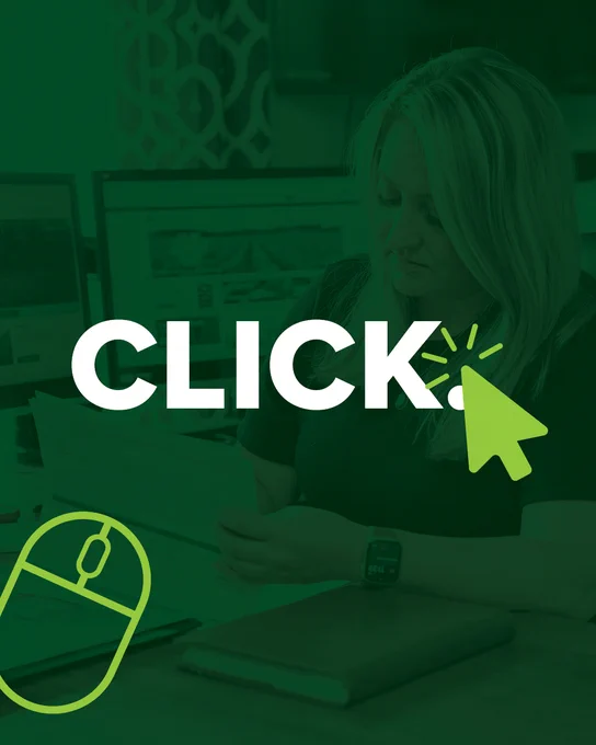 A person sits at a desk holding papers, with computer screens in the background. The word "CLICK" is prominently displayed with a cursor icon.