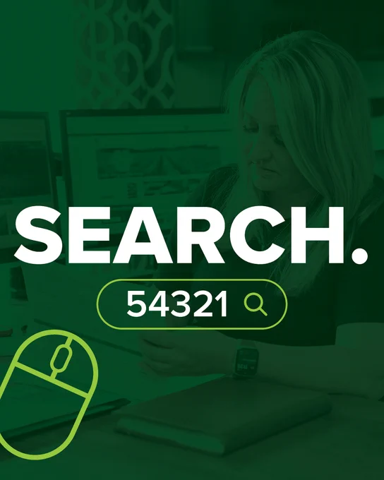 A person sitting at a desk in an office environment, reading a document. Several computer screens are visible in the background. Large text overlay reads "SEARCH." followed by "54321" next to a magnifying glass icon. A mouse icon is also present. The image has a green tint.