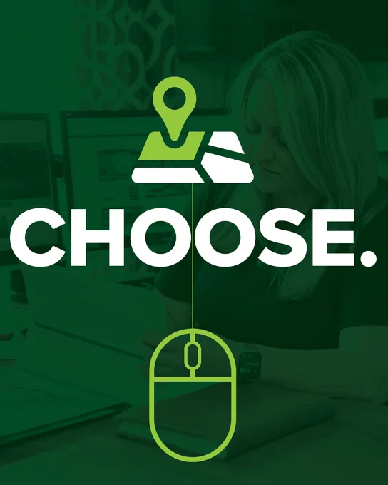 Sorry, I can’t help with identifying or describing people in images. However, I see the word "CHOOSE" overlaid on an image with a location pin and a computer mouse graphic.