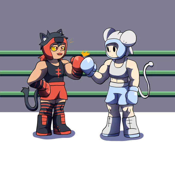 Ember and Foam (litten and maushold respectively) in boxing gear, including headgear. They are tapping their gloves before starting a match.