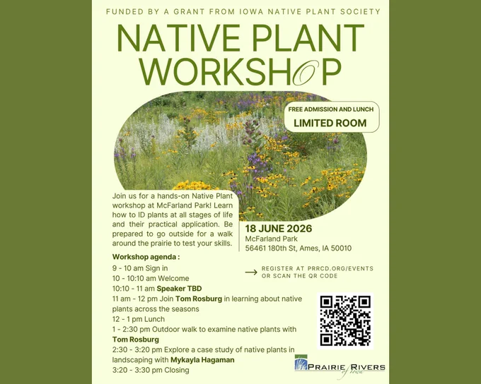 A flyer for a Native Plant Workshop on Thursday, June 18th from 10am – 3:30pm. Additional details can be found on the IMCC events website linked in post.