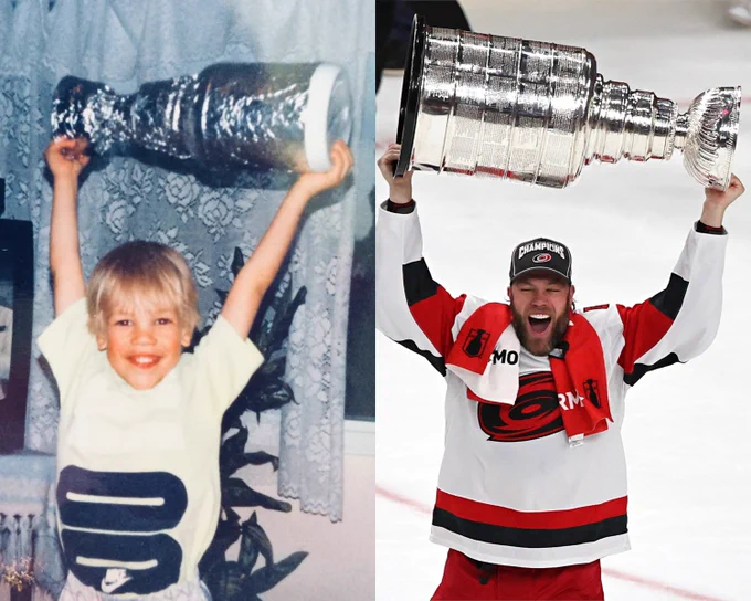 To the left, a photo of Taylor Hall lifting a fake Stanley Cup as a child. To the right, a photo of Taylor Hall lifting the Stanley Cup in a Carolina Hurricanes jersey.