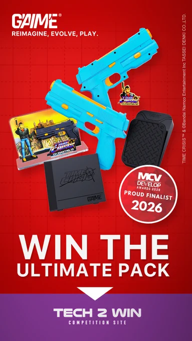 Promotional image for Gaime's Ultimate Pack giveaway featuring blue and yellow toy guns, Time Crisis merchandise, and award recognition. The bold text emphasizes the chance to win.