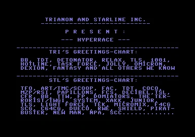 Screenshot of "Hyperrace" - Crack: Trianon   Starline - Published by Thomas Kolbe & Zuheir Urwani on Commodore 64 (1987)