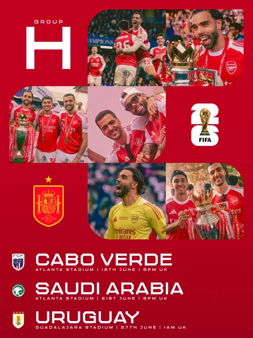 Graphic with images of David Raya, Martin Zubimendi and Mikel Merino ahead of Spain's Group H match with the following text:
versus Cabo Verde at Atlanta Stadium 15th of June at 5pm UK
versus Saudi Arabia at Atlanta Stadium 21st of June at 5pm UK
versus Uruguay at Guadalajara Stadium 27th of June at 1am UK