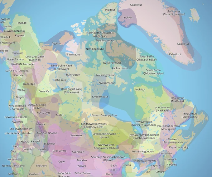 Detailed map of northern North America showing the traditional territories, languages, and cultural regions of numerous Indigenous peoples. Different regions are shaded in various colours and labelled with Indigenous nation and language names across present-day Canada, Alaska, Greenland, and parts of the northern United States.
The map prominently identifies Inuit and Inuktut-speaking regions across the Arctic, including Inuktitut, Inuktun, Inuinnaqtun, Siglitun, and Nattilingmiutut areas, as well as Kalaallit and Tunumiisut regions in Greenland. It also labels many First Nations and Indigenous language groups farther south and west, including Dene, Cree, Anishinaabe, Algonquin, Blackfoot, Tłı̨chǫ, Nisga’a, Salish, Koyukon, Inupiaq, and many others.
The image visually illustrates the linguistic and cultural diversity of Indigenous peoples across the continent, emphasizing that Indigenous nations and languages existed long before modern provincial, territorial, state, and national bound