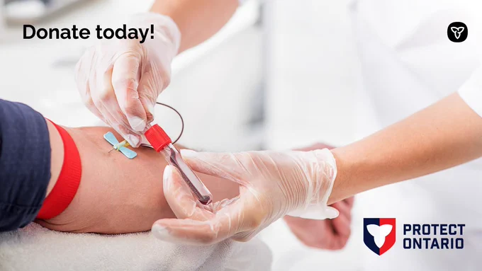 Image of a person donating blood. Copy Donate today