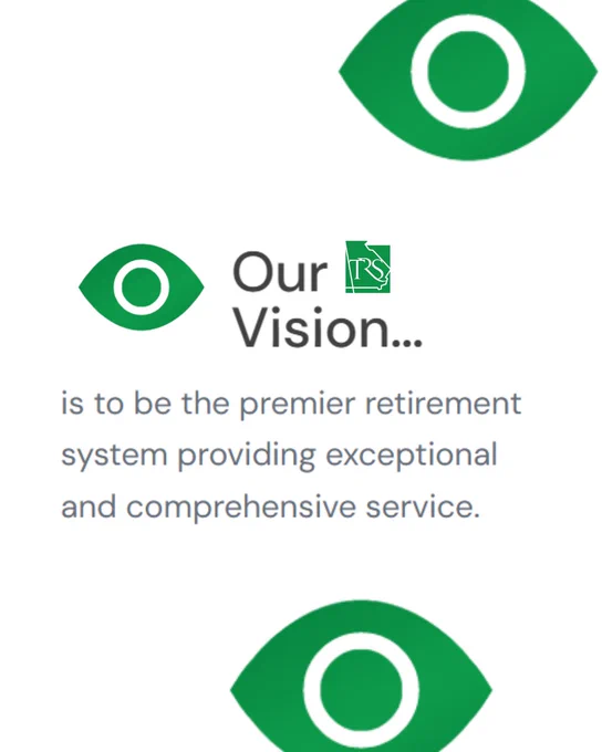 TRSGA vision statement graphic with a white background and green eye icons surrounding text.