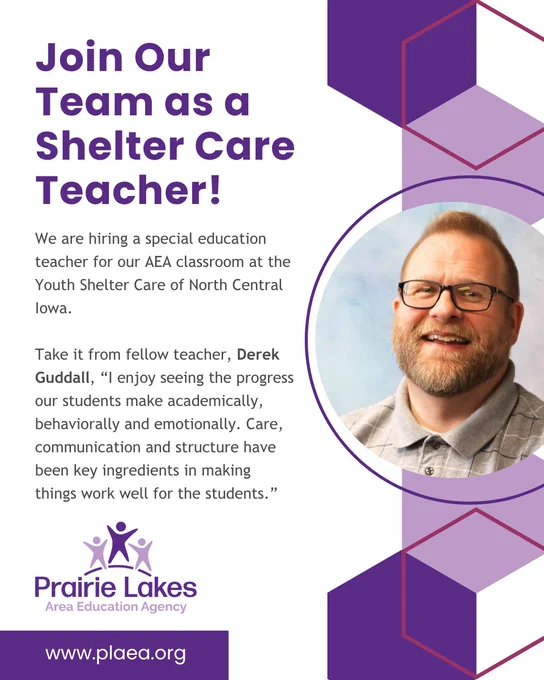 Recruitment flyer for a special education teacher position at Youth Shelter Care of North Central Iowa by Prairie Lakes Area Education Agency.