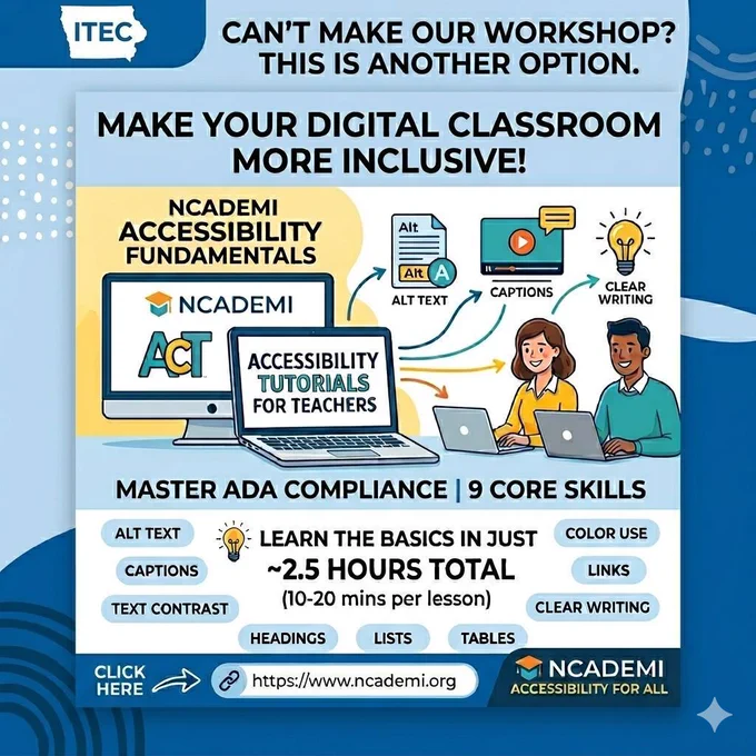 Infographic by ITEC titled "Make Your Digital Classroom More Inclusive!" The graphic features the ITEC logo in the top left and a banner that reads, "Can't make our workshop? This is another option."

The central illustration shows a male and female educator working on laptops, with lines connecting to icons representing digital accessibility skills: Alt Text, Captions, and Clear Writing. Nearby computer monitors display the logos for NCADEMI Accessibility Fundamentals and ACT.

The bottom section lists 9 core skills for mastering ADA compliance: Alt Text, Captions, Text Contrast, Headings, Lists, Tables, Color Use, Links, and Clear Writing. It highlights that users can "Learn the basics in just ~2.5 hours total (10-20 mins per lesson)" and includes a "Click Here" arrow pointing to the website URL: https://www.ncademi.org.