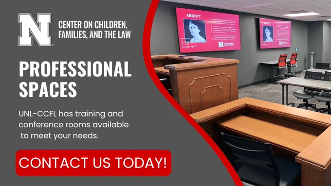 Modern conference room with rows of black chairs facing a screen displaying Center on Children, Families, and the Law at UNL-CCFL.
"Professional Spaces. UNL-CCFL has training and conference rooms available to meet your needs. Contact us today!"