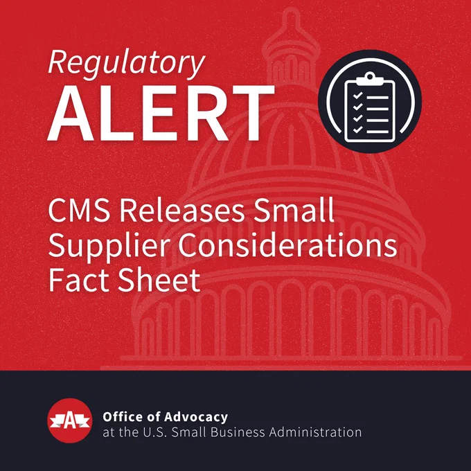 Regulatory alert announcing CMS's release of a fact sheet on small supplier considerations with a Capitol dome background.